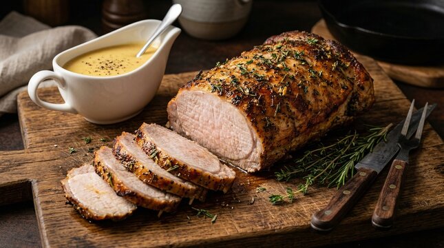 Juicy roasted pork loin with mustard sauce and fresh herbs on wooden board.