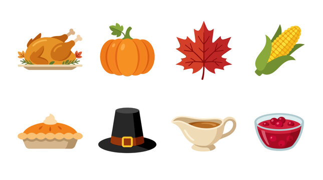 A colorful vector set of Thanksgiving icons including turkey, pumpkin, corn, leaf, pie, hat, gravy, and cranberry sauce on a white background.