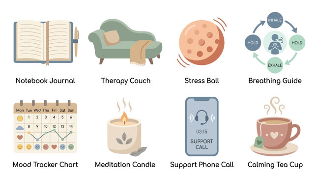A vector set of mental health icons including a notebook journal, therapy couch, stress ball, and other calming symbols arranged on a simple background for wellness and relaxation purposes.
