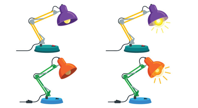 Four colorful desk lamps in various positions some illuminated