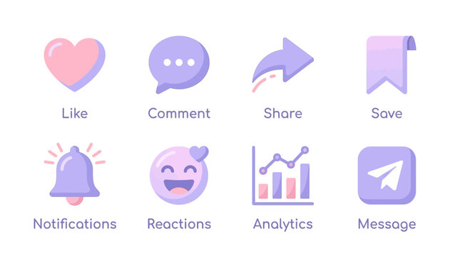 A vector set of social media icons featuring like, comment, share, save, notifications, reactions, analytics, and message symbols in a modern purple and pink color scheme.