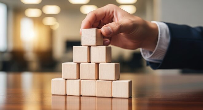 Title strategic business construction a hand carefully placing a wooden block on a growing stack symbolizing progress and risk description a businessman