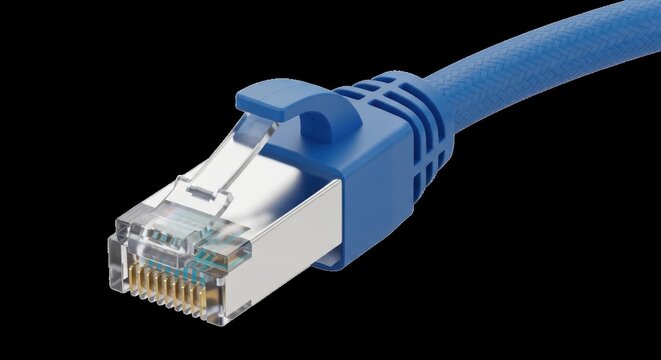 Blue ethernet network cable with RJ45 connector, high speed internet data patch cord, professional telecommunications hardware for server rooms isolated PNG with Transparent Background