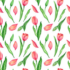 Obraz premium Seamless watercolor pattern with hand-drawn tulips. Pink tulips isolated on a white background. Design for fabric and wrapping paper.