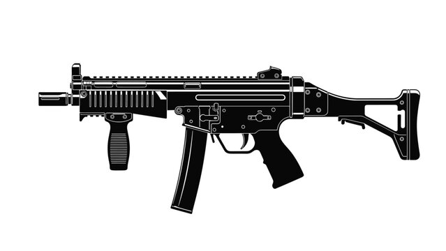 Black silhouette of a modern submachine gun with a vertical foregrip and tactical stock on a white background for military themes.