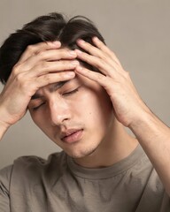 Fototapeta premium Young man touching temples with eyes closed in pain.