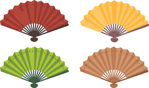 Vector illustration of four traditional handheld folding fans in different colors and decorative designs