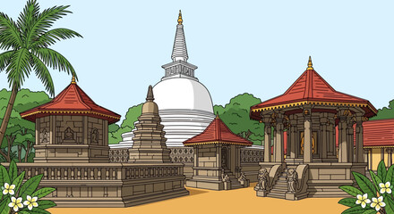 Obraz premium Buddhist Temple Complex with Stupa and Traditional Architecture in Sri Lanka