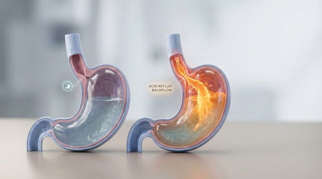 Normal stomach vs acid reflux gerd comparison medical concept showing digestive backflow and burning sensation in anatomical model with clean clinical background for healthcare education