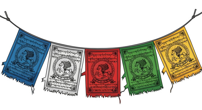 Colorful Buddhist Prayer Flags String on White Background