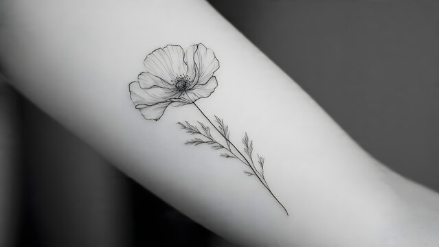 Minimalist floral tattoo design on forearm in black and white