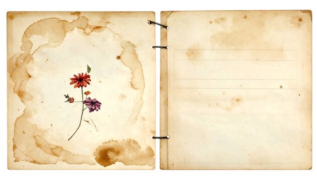 Open old journal with dried flowers, stained pages