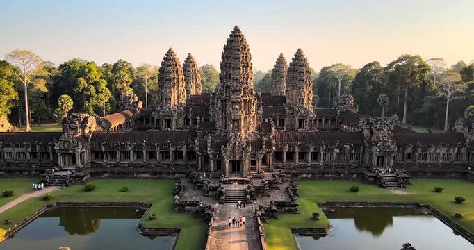 Aerial view of Angkor Wat temple at sunrise in Siem Reap, Cambodia