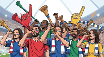 Excited sports fans cheering with trumpets and foam fingers at a stadium © Ahda
