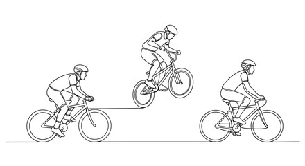 Naklejka premium Continuous Line Art of Cyclists Riding and Jumping Bikes