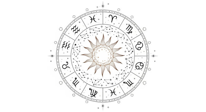 Astrology Zodiac Wheel with Symbols and Sun Illustration.