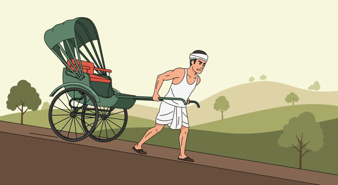 Man Pulling Rickshaw Uphill, Traditional Transport, Rural Indian Landscape