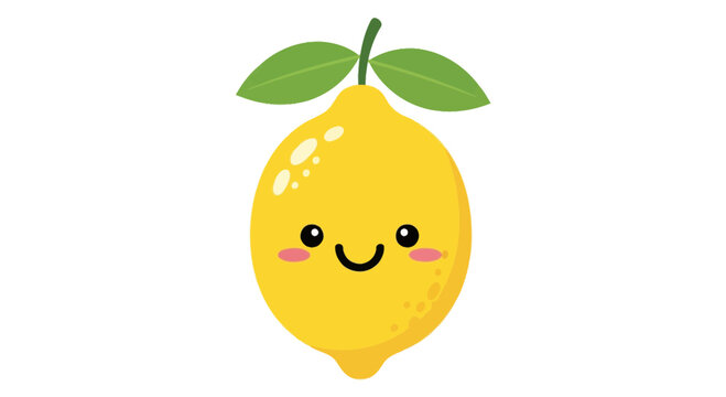 Cute Kawaii Lemon Character with Happy Face and Green Leaves