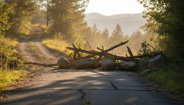 Roadblock of fallen trees and boulders on a rural mountain road