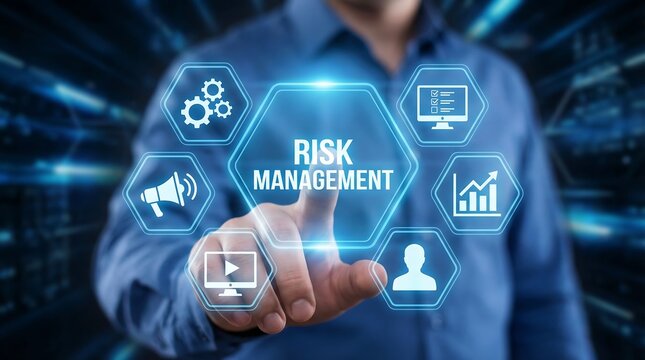 A person's finger touches a central glowing hexagon labeled "RISK MANAGEMENT" surrounded by a cluster of related icons like gears, monitor, megaphone, chart, and user.