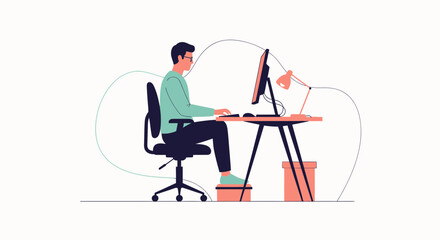 Fototapeta premium Man working at desk with computer, ergonomic setup, home office illustration