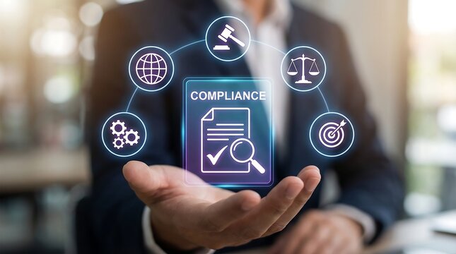 A professional holding a glowing hologram of a document with the word 'COMPLIANCE' and surrounding icons symbolizing legal and business regulations.