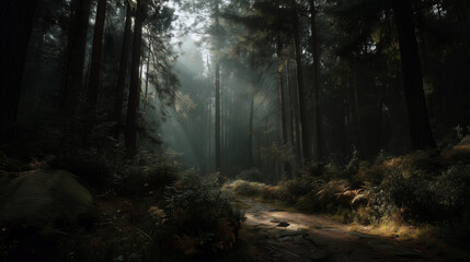 Fototapeta premium Sunlight illuminating the forest path through trees creating a magical and moody atmosphere