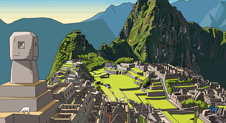 Inca Ruins Machu Picchu, Peru - Stylized Illustration of Ancient City © Ahda