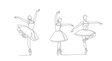 Three ballerinas in elegant poses, continuous line drawing on white background © Line Home