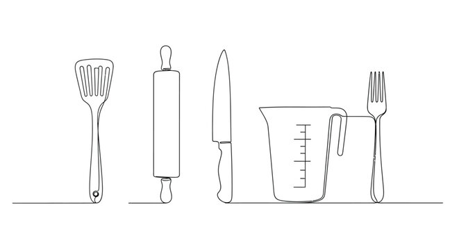 Minimalist line art of kitchen utensils spatula, rolling pin, knife, jug, fork.
