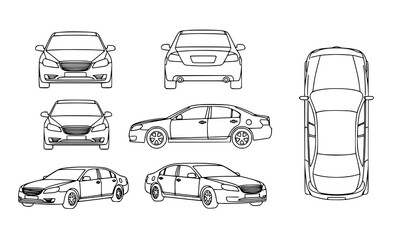 Set of six sedan car line drawings showing multiple views front side rear top and perspective angles in minimal outline style © Sabbir