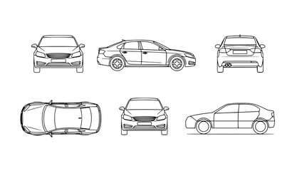 Minimal sedan car sketch set with six viewpoints including front rear side and top angles in clean technical line art style © Sabbir