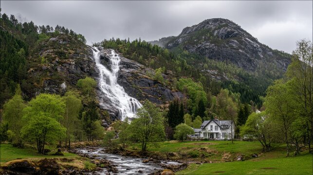 majestic langfoss (langfossen) waterfall cascading down steep mountain cliffs in norway, powerful rushing water, dramatic fjord valley landscape, scenic nordic wilderness, rugged rocks and lush green 