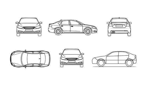 Minimal sedan car sketch set with six viewpoints including front rear side and top angles in clean technical line art style