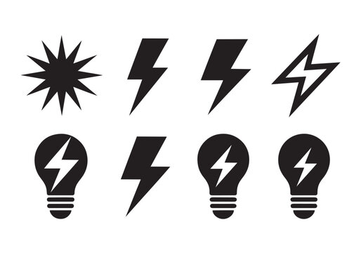 Set of various lightning bolt and light bulb power icons in black and white.