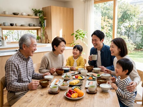 Grandparents and Grandchildren Smiling Around the Dining Table in Japan