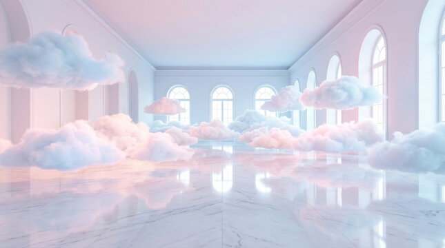 Surreal empty white room with floating pastel pink and blue clouds and reflective marble floor
