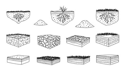 Soil ground outline icon collection with earth layers roots and farmland elements hand drawn line vector set isolated on white © MdHacib
