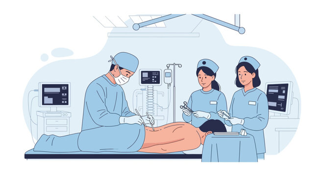 Surgeon and nurses performing surgery in operating room with medical equipment