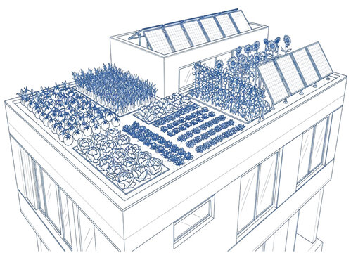 Urban rooftop garden with solar panels, providing sustainable living and renewable energy solutions