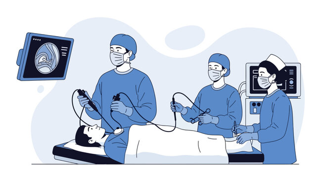 Surgeons perform laparoscopic surgery using modern technology in an operating room