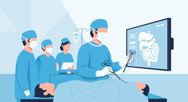 Surgeons performing laparoscopic surgery on patient, guided by screen display of organs
