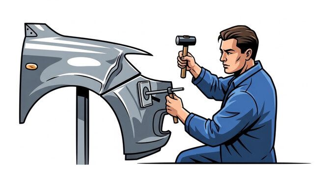 Auto mechanic repairing car fender with hammer and tools.