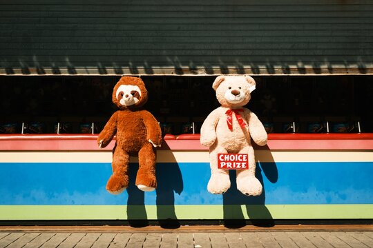 Two large stuffed animals displayed as prizes on the boardwak in Point Pleasant Beach, New Jersey