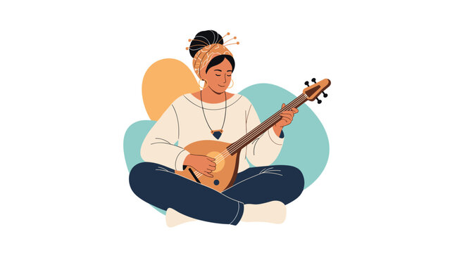 Young woman wearing a turban and traditional jewelry sits cross-legged while playing a stringed musical instrument called an oud.