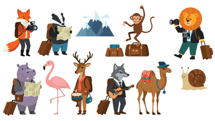 Obraz premium Group of cartoon animals like fox, hippo, and lion are depicted as travelers with backpacks, cameras, maps, and luggage for adventures.