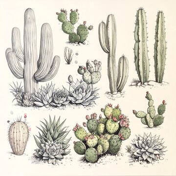 A collection of various cacti and succulents on a plain background
