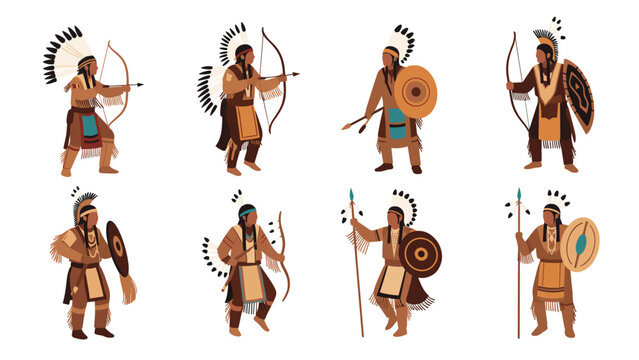 Diverse collection of Native American warrior characters equipped with traditional bows arrows and shields.