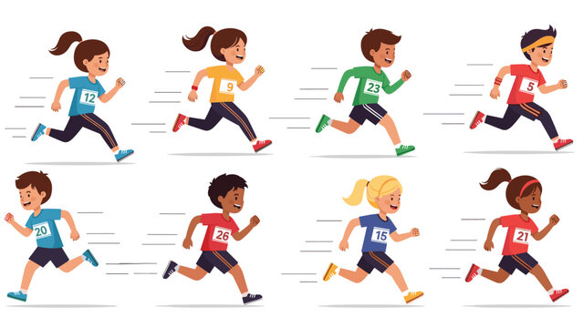 Diverse group of school children running a competitive race wearing numbered bibs on a bright sunny day.