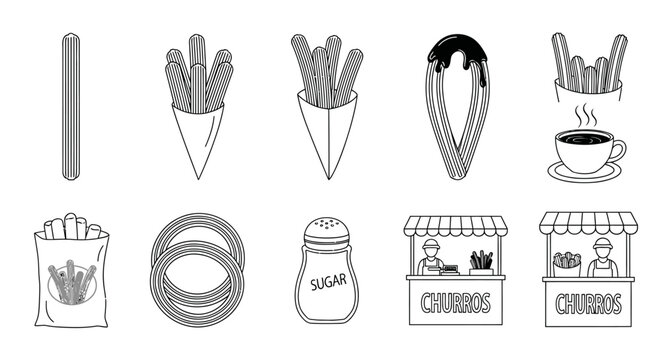 Churro Food Icons Set, Sweet Pastry, Street Food Vector Illustrations